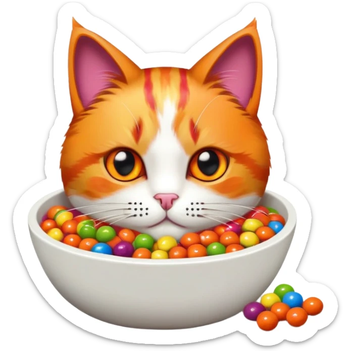Iron Man cat and cat with skittles all over him in a fabric bowl sticker