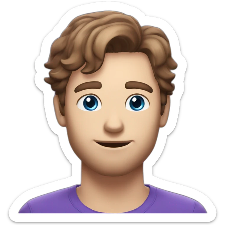 Twitch emote, white male blue eyes brown hair, speach bubble saying hi, purple shirt sticker