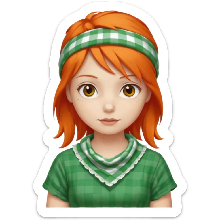 girl orange hair, wear red and white checkered bandana, green dress sticker