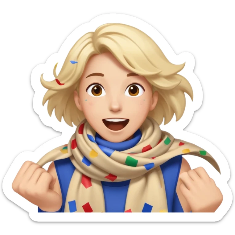 person with a sports scarf, excited expression, confetti in the air sticker