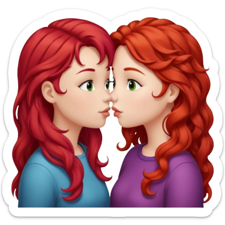 two girls kissing. one with straight bright red hair, the other with long curly brown hair sticker