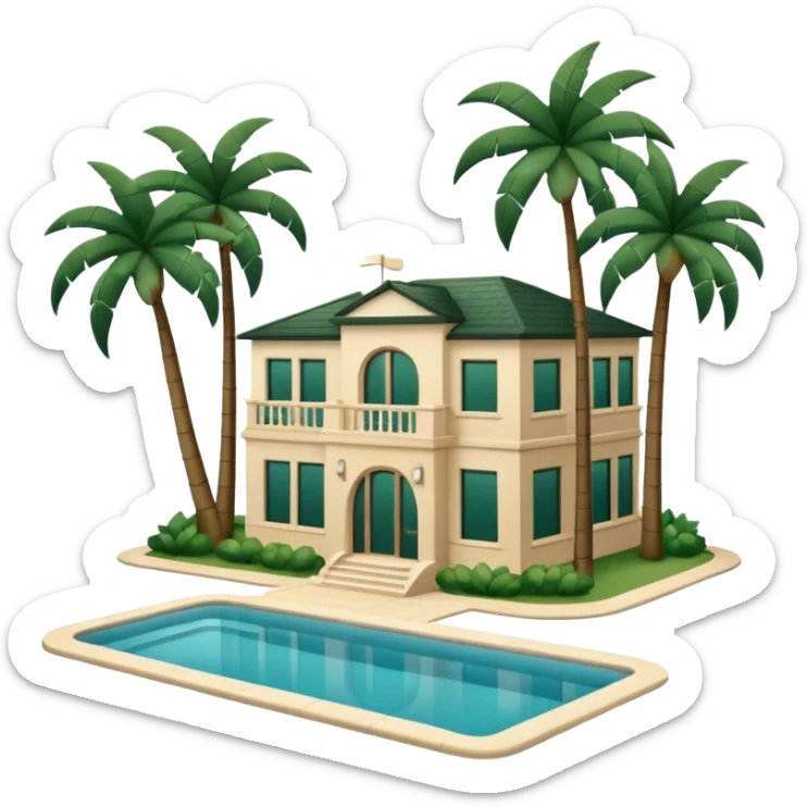elite light beige villa with dark green palm trees and swimming pool, emoji style sticker