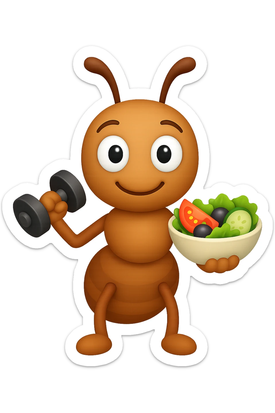 EMOJI STILE IPHONE 3D DI UNA formica CHE ha un manubrio da palestra nella mano destra e un insalata nella mano sinistra, FAGLI GLI OCCHI CON LA PARTE BIANCA, NON SOLO LA PUPILLA sticker