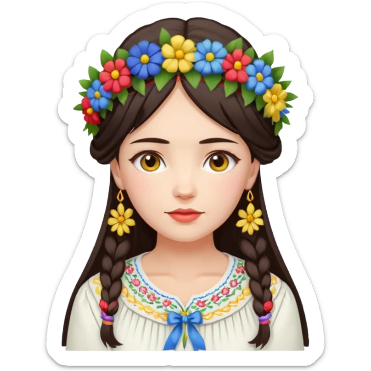 Ukrainian woman in a white embroidered shirt with dark hair in a wreath of flowers with multicoloured ribbons on her head sticker