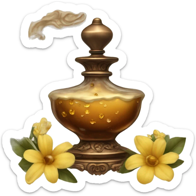 An antique perfume bottle with oil made of bronze and brown crystals, from which white cream and coffee milk flow, yellow flowers of fragrant vanilla lie next to it sticker