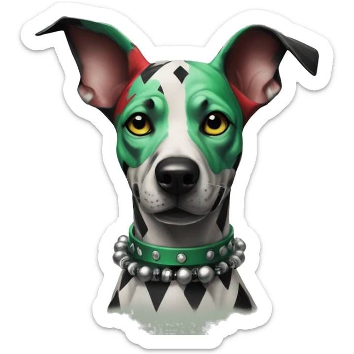 Edgy Punk dog spiked collar tattoos Green gray black red punk dog Harley Quinn as a dog mime clown harlequin facepaint tattoos punk lurcher surrealism  sticker