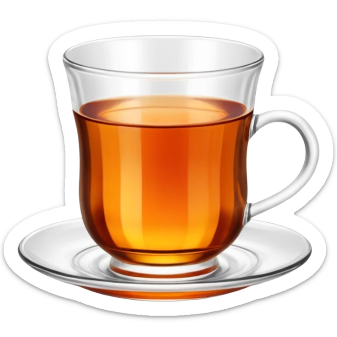 Traditional Turkish tea glass, small clear glass with a narrow waist, filled with hot amber tea on a saucer, WITHOUT a grip sticker
