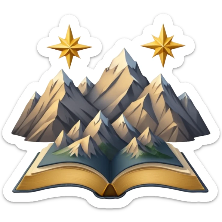 three mountain peaks of gray color, above each of the peaks there is a golden star, in front of the mountain peaks there is an open book sticker