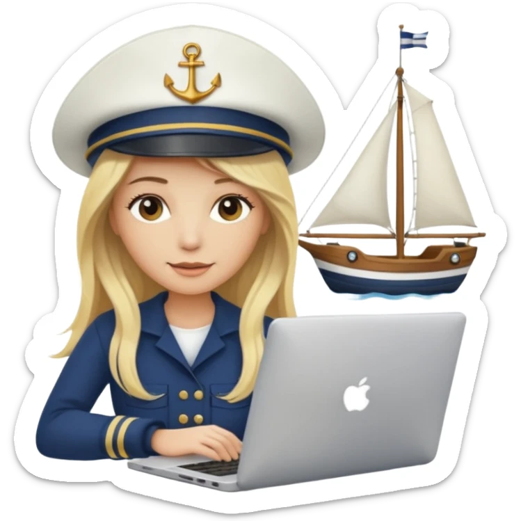 a blondie woman with long hair working with a computer laptop and a grains vessel (boat) around sticker