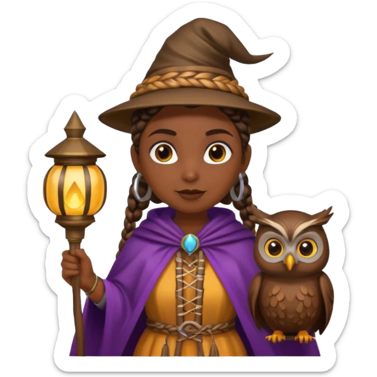 woodland emoji character, dark skin woman with braids dressed as owl mage, feather cape, holding lantern sticker