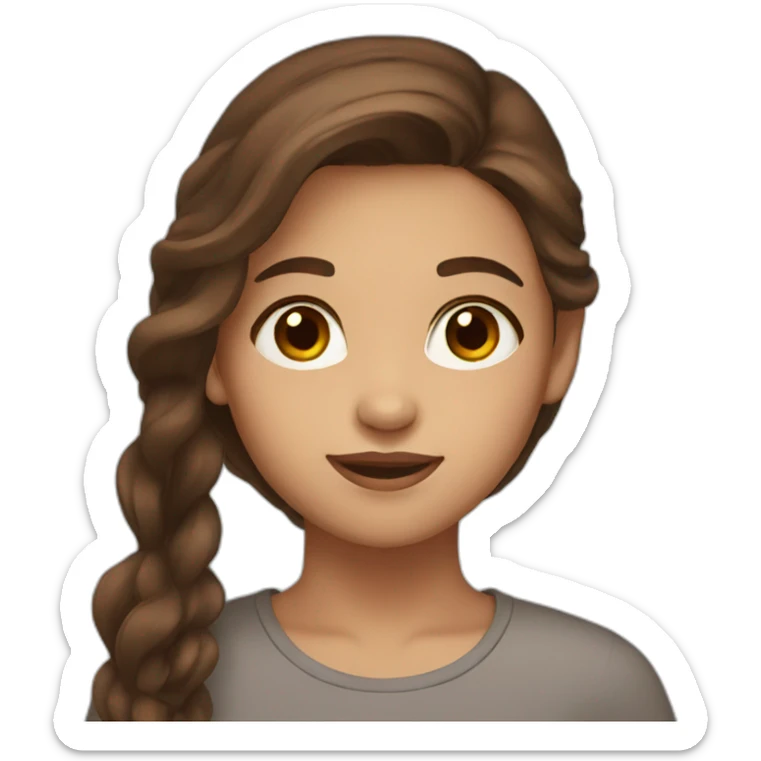 A girl with brown eyes and long brown hair shows a heart sticker