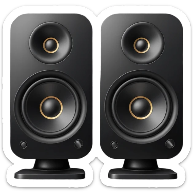 pair of big speakers emoji, deep matte black metal body, circular speaker cones with subtle depth, smooth rounded edges, minimalistic futuristic 3D style, luxury aesthetic sticker