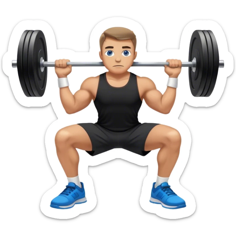 tanned man grey eyes black shorts black t shirt blue shoes barbell squats sticker