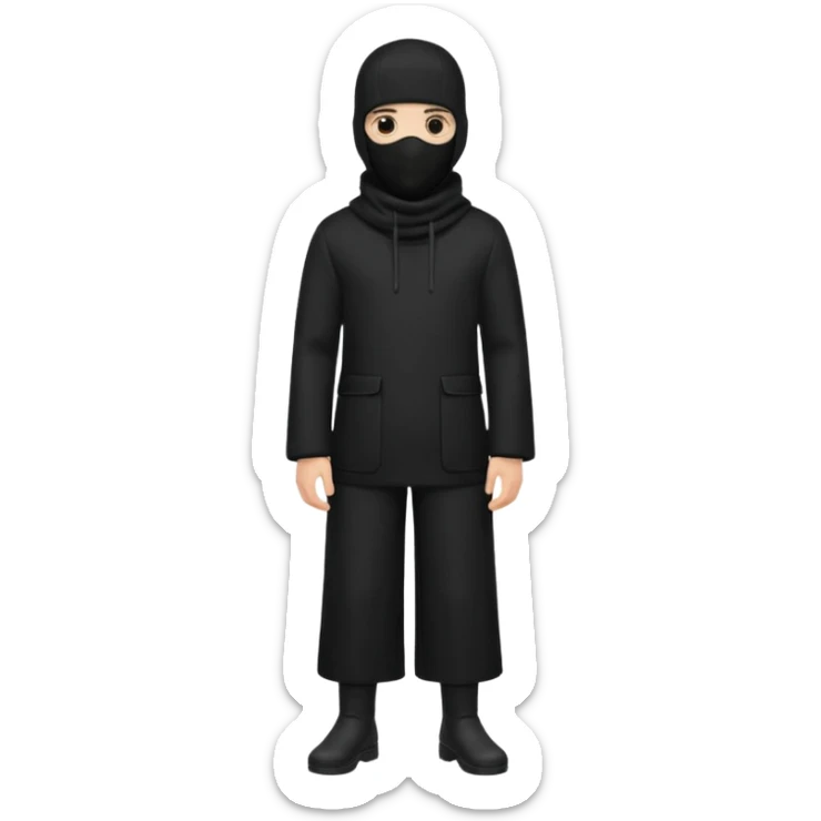 Hazme un emoji que sea una persona con pantalones anchos color negro con un saco negro y con un pasamontañas sticker