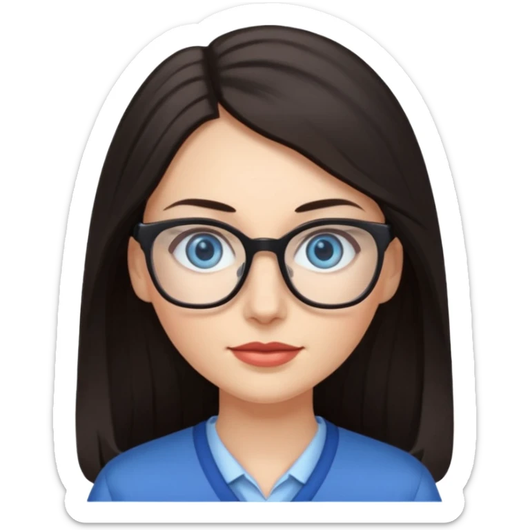long dark hair, blue eyes, glasses teacher female, eyelashes sticker