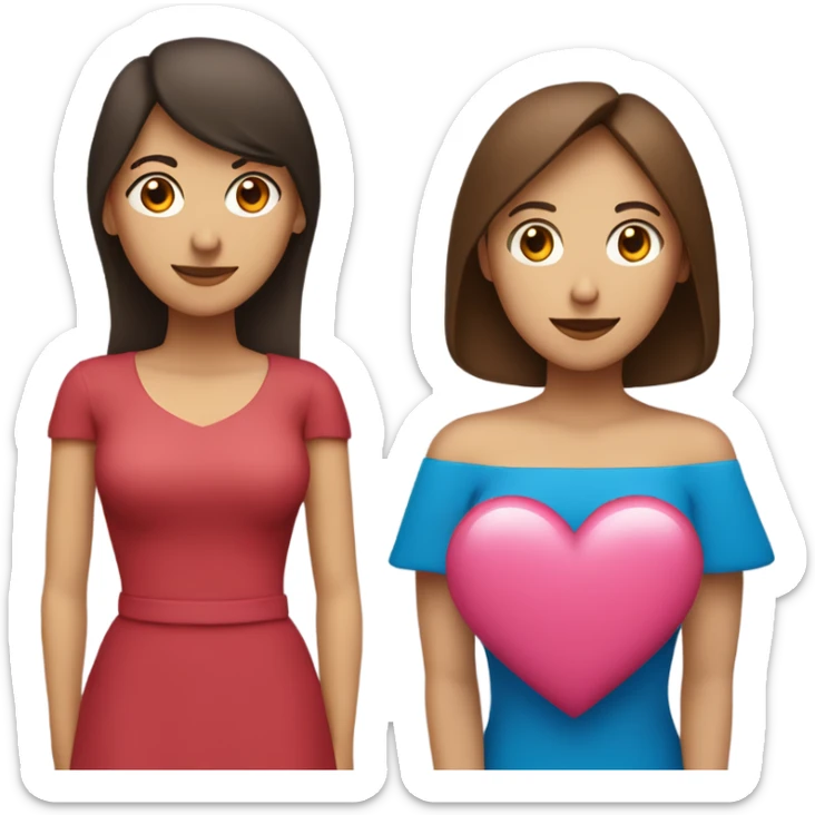 two ladies in love with a heart. the one on the left is a white lady with blue eyes and a brown bob with a pink shirt. the second is a venezuelan lady with brown eyes and dark brown hair with a red dress sticker