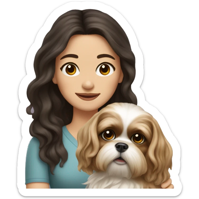 Young dark brunette hair woman with a golden shih tzu in her arms long wavy hair sticker