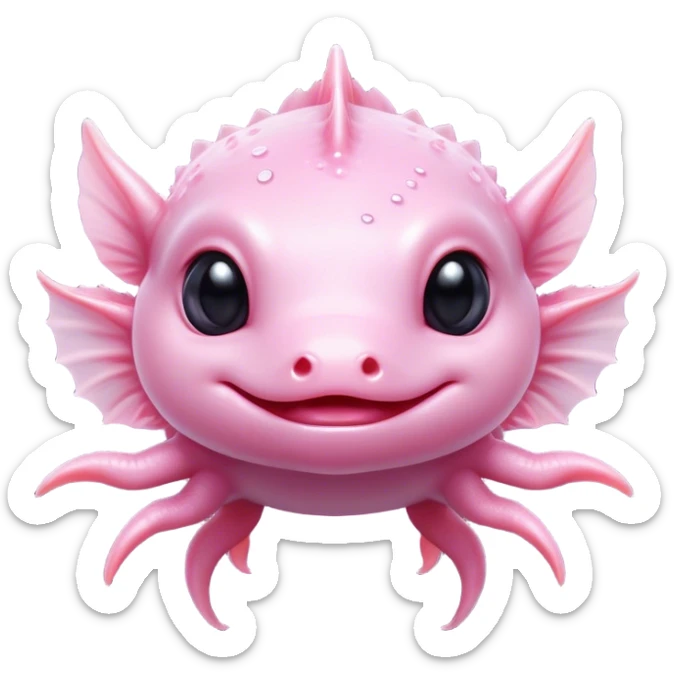Cinematic Cute Axolotl Portrait Emoji, Head tilted playfully and inquisitively, featuring smooth, pale pink skin with delicate feathery gills and round, sparkling dark eyes filled with curiosity, Simplified yet irresistibly adorable features, highly detailed, glowing with a warm, magical glow, high shine, affectionate and quirky, stylized with a touch of whimsy, bright and endearing, soft glowing outline, capturing the essence of a mischievous yet charming aquatic friend, so playful it feels like it could swim out of the screen and into your heart! sticker