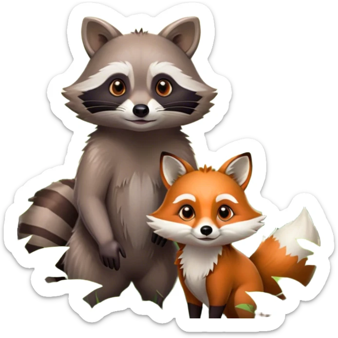 Collage of a raccoon and a fox, in close-up, set in a beautiful forest with tall trees, green bushes, and sunlight filtering through the leaves. Both animals look curious and playful. A vibrant, wild atmosphere with a transparent background. sticker