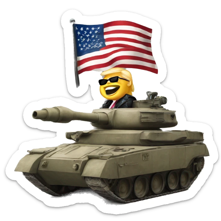 Donald trump with shades holding an American flag on top of a tank sticker