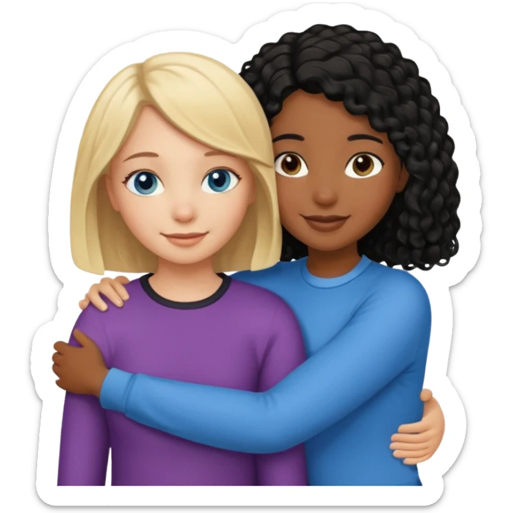 Girl best friends: one white girl with straight blond bob and blue eyes, one shorter black girl with long black curly hair, hugging sticker