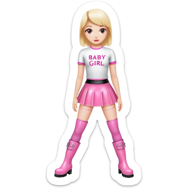 Mini latex skirt and boots and short top with pink inscription “Baby girl” sticker