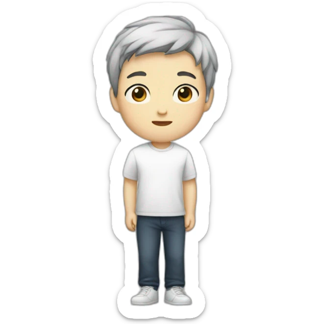 He was born at the age of fourteen. He has black hair, looks like a Korean, and has white skin sticker