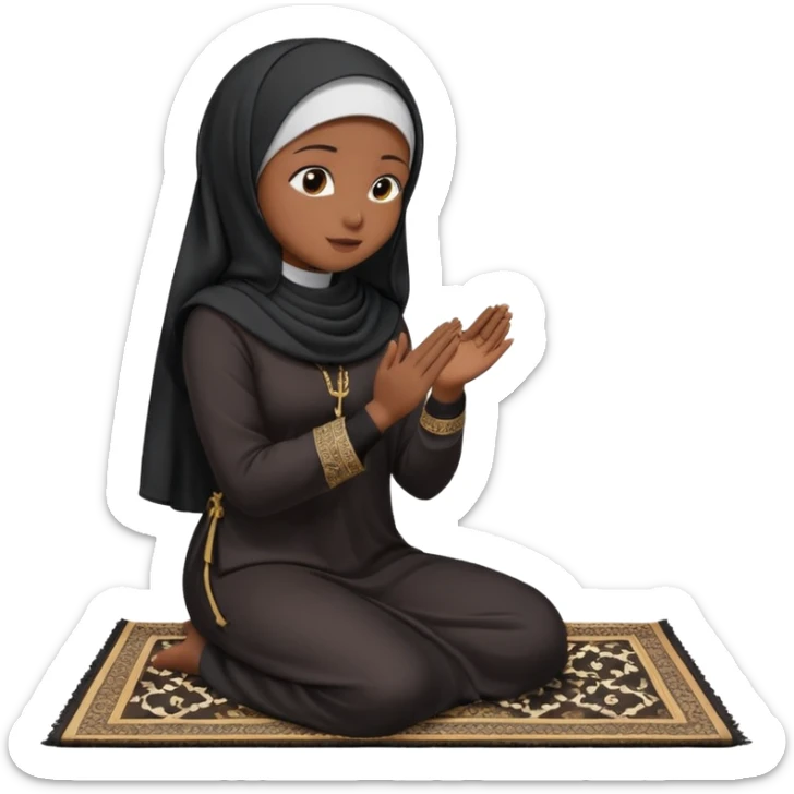 Muslim woman in black jiljab side profile praying on prayer mat  holding up hands to god sticker