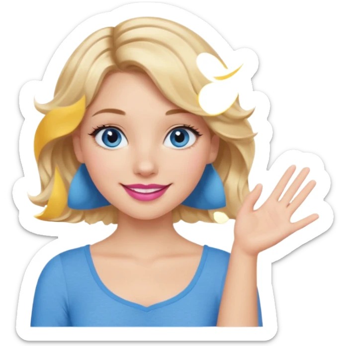 Girl Blonde short wavy hair,  blue eyes, cute blue top, long lashes, pink lips, smiling, one hand palm up sticker