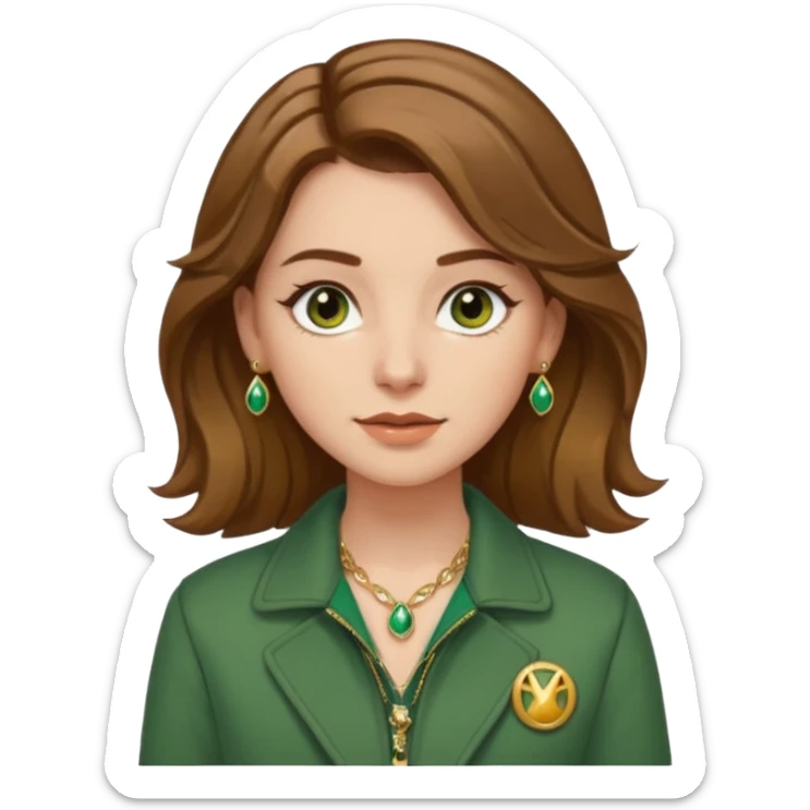 White girl with hazel Brown eyes Brown and slighly wavy medium hair. Make her with a green jacket and gold jewlery.  sticker