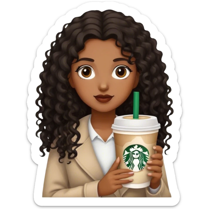 Girl with medium brown  skin/  black brown curly long hair with Starbucks  sticker