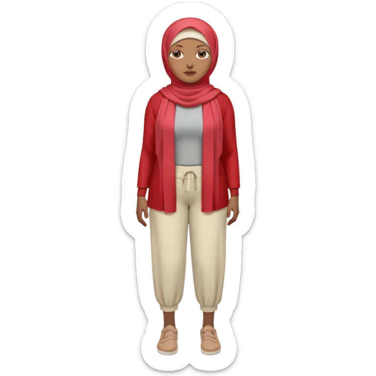 Heavy-set woman with medium-brown skin wearing a light red hijab, cream top, light red pants, tan shoes, and a visible gray below-knee prosthetic leg. Standing confidently with one hand on her hip sticker