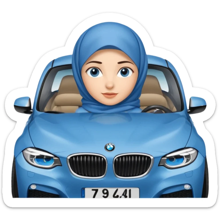 Turkish beautiful finish Konya girl blue eyes with denim hijab dress and driving bmw car sticker