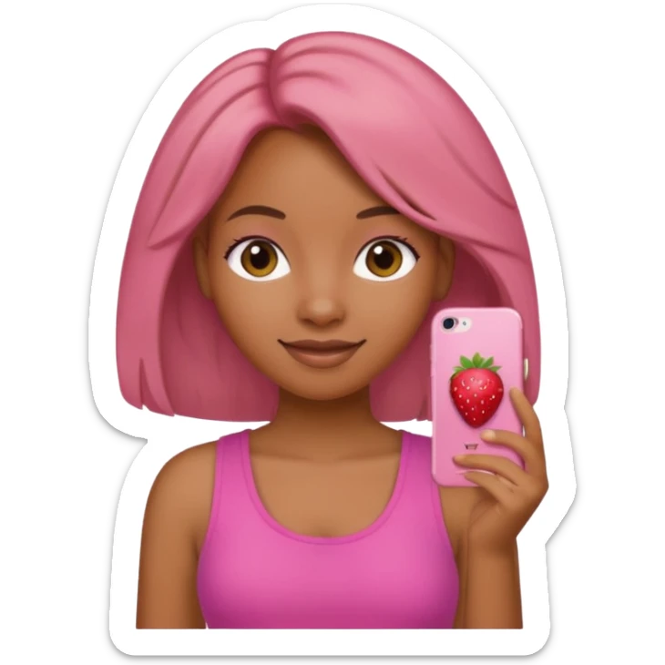 black girl with olive skin, hair that is a natural mix of strawberry blonde and brunette, pink top, subtle smile, Apple iPhone emoji style sticker