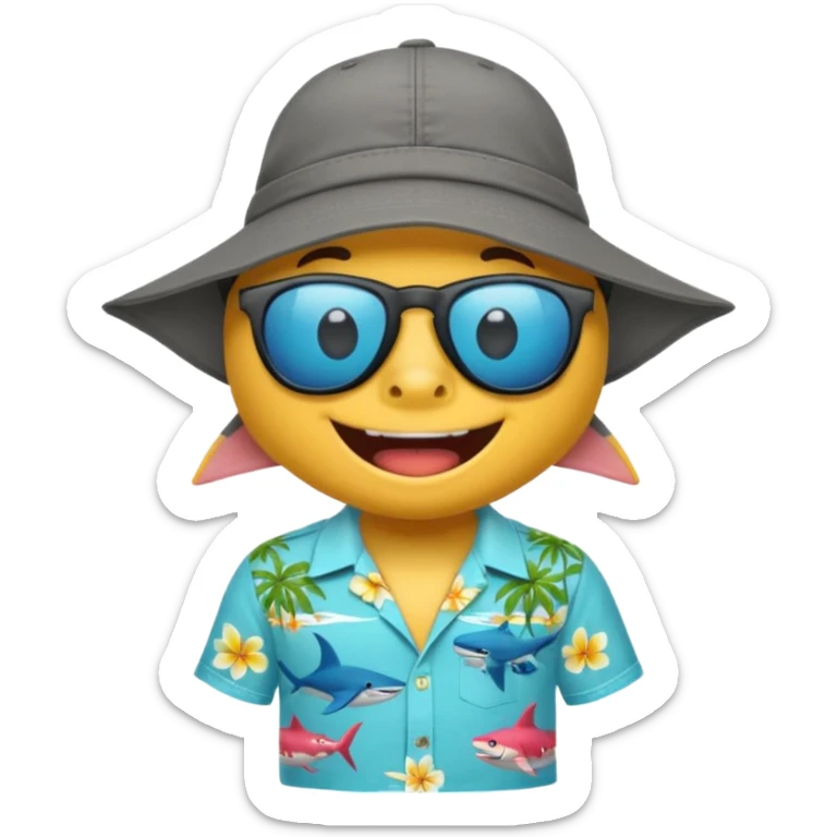 Tiburón playero con camisa hawaiana, lentes negros, y una gorra al revés sticker