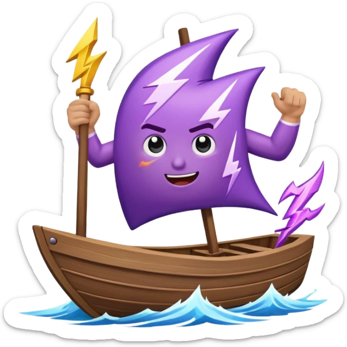 an animated gif emoji of a buff purple lightning bolt sailing away on a boat sticker