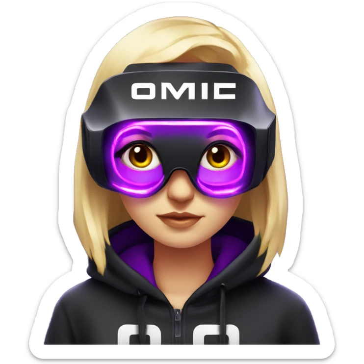 Russian cute blond girl wearing black hoody with violet letters "OMG", in vr headset. Cyberpunk style. Violet neon. sticker