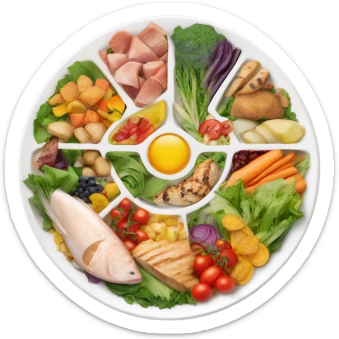 Look up on a large white round plate of healthy food sticker