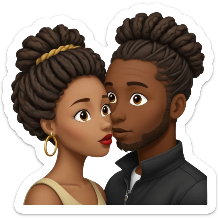 black boyfriend with dreadlock kissing black girl with curly bun sticker