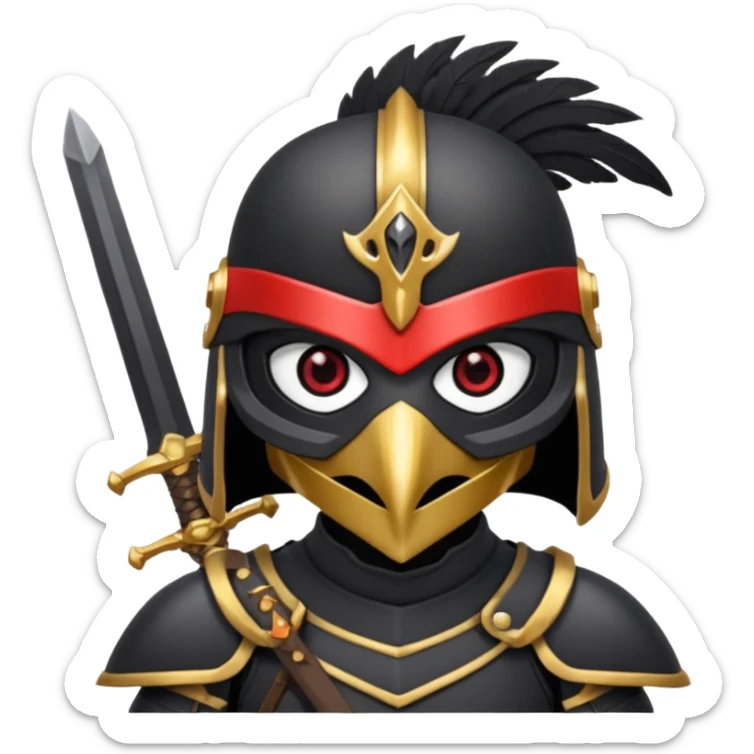 Black armor gold sword and black bird helmet like falcon with red eyes sticker
