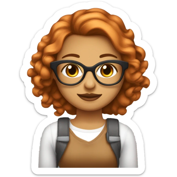 Profesora de artes de piel clara con el pelo largo rubio anaranjado con los ojos marrones y gafas redondas una camiseta blanca y tejanos y lleva pinceles y colores sticker