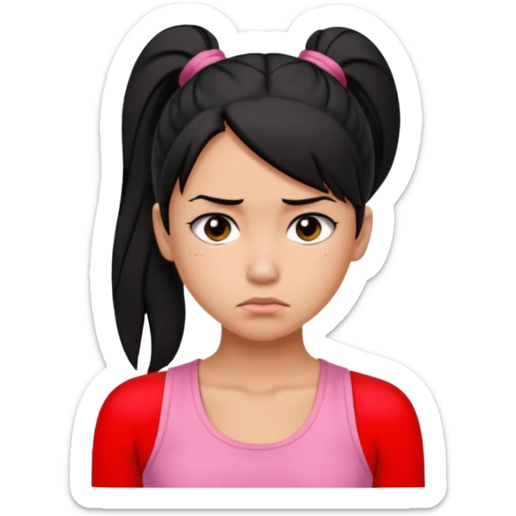 A tan girl with black hair in a ponytail. Wearing a pink tank top. Looking sad sticker