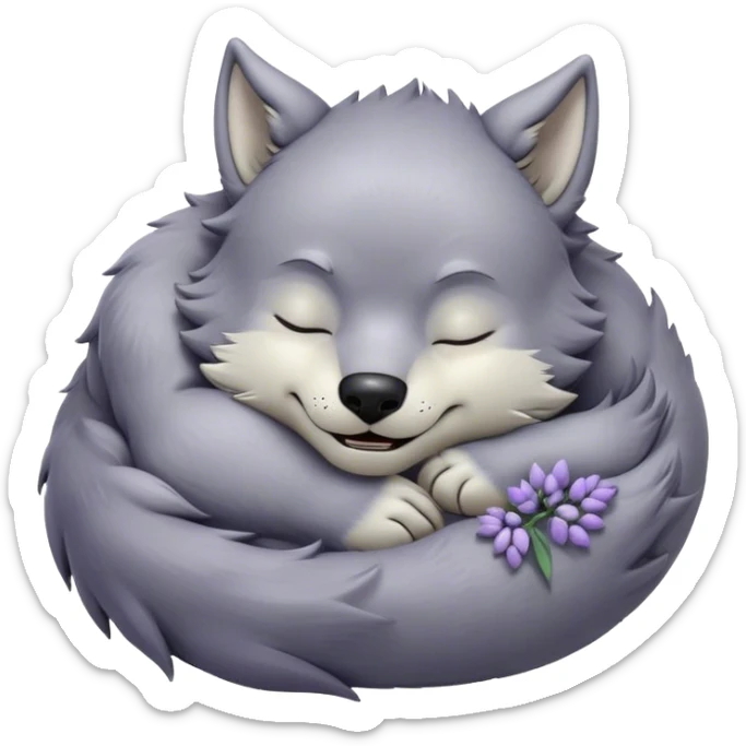 Meme-Worthy Cute Sleeping Werewolf Portrait Emoji, with a cuddly, miniature lupine form in soft moonlit grays and silvers, head resting peacefully with gently closed dreamy eyes and a small, content smile, simplified yet irresistibly endearing, highly detailed with a soft glowing outline that captures the cozy, sleepy essence of a werewolf after frolicking under the full moon! sticker