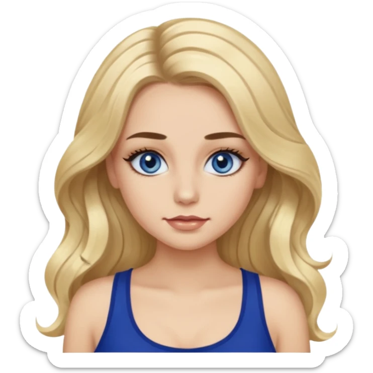 girl with blue eyes with false eyelashes and long wavy blonde hair with dark thick eyebrows and makeup with a dark blue cami top sticker