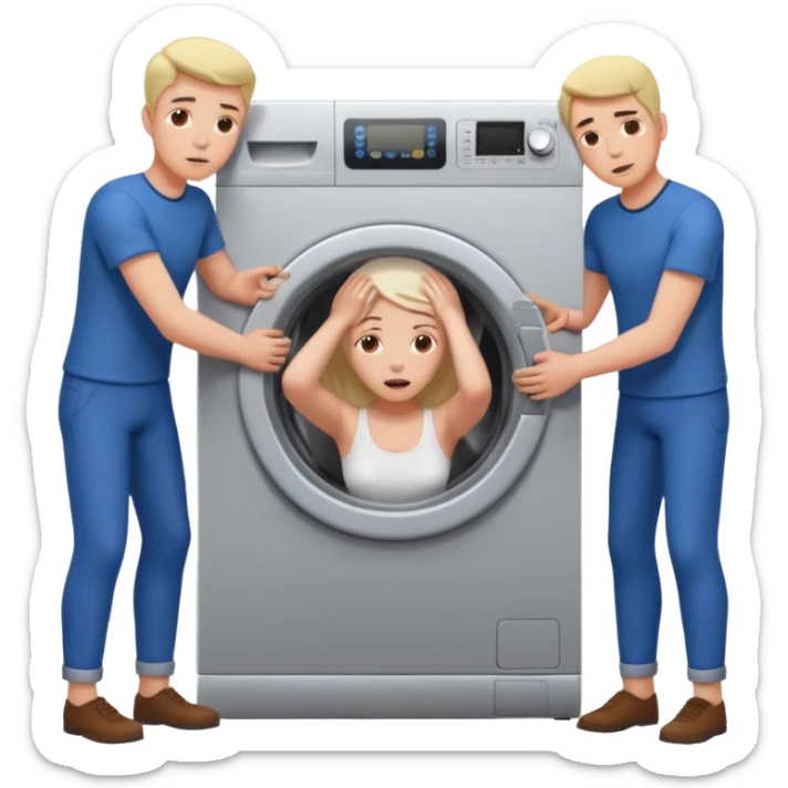 Eine Frau mit dem Kopf  in der Waschmaschine feststeckt und zwei Männer ziehen an ihren Beinen um ihr zu helfen  sticker