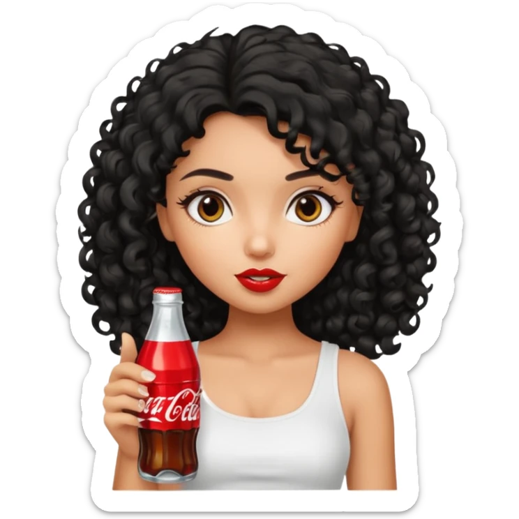 a pretty tan bratz girl with black curly hair drinking coca cola. no makeup. white top sticker