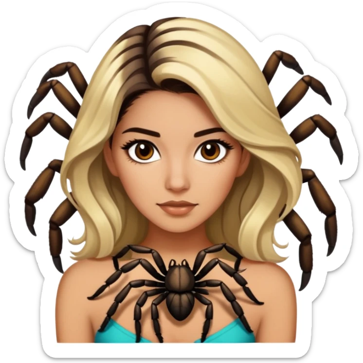 Attractive Mexican woman in her 20s with dark brown hair with blonde highlights, with a tarantula sticker