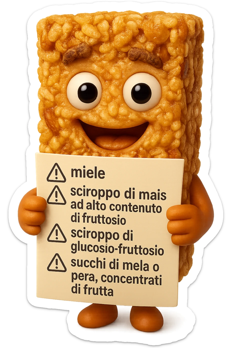 SU QUESTO STILE FAI UN EMOJI STILE IPHONE 3D DI UNa barretta ai cereali con ETICHETTA CON GLI INGREDIENTI SCRITTI, "miele, sciroppo di mais ad alto contenuto di fruttosio, sciroppo di glucosio-fruttosio, succhi di mela o pera,
concentrati di frutta" accanto ad ogni nome scritto mettici un segnale di allarme, FALLO MOLTO REALISTICO IN 3D sticker