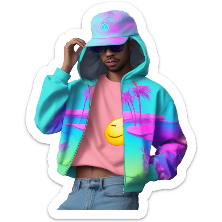 Multicoloured neon Vaporwave person hoodie dancing hip hop bucket hat tropical Skater fashion aesthetic baggy clothes graphic t shirt 420 sticker