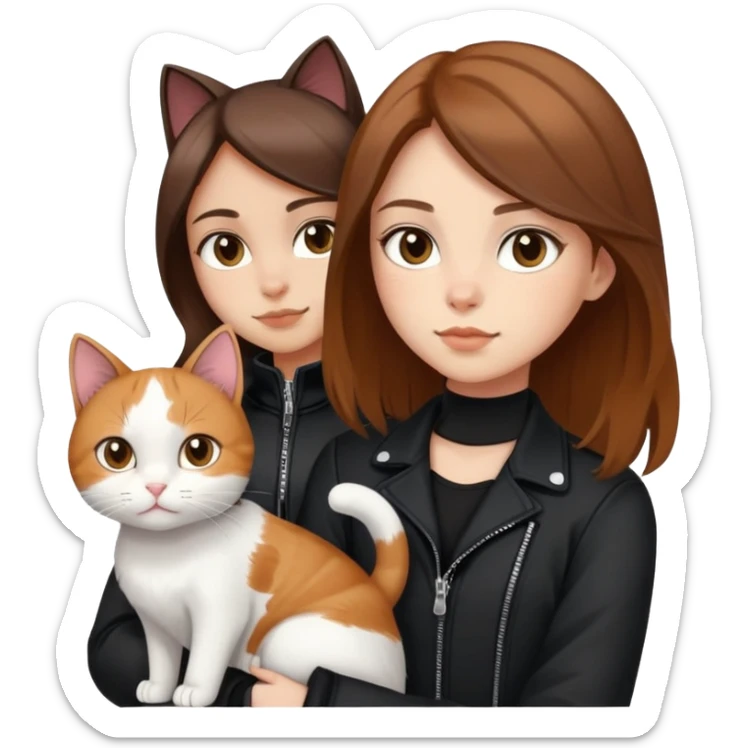 Light-skinned girl with brown hair wearing black jacket with white cat and calico cat sticker